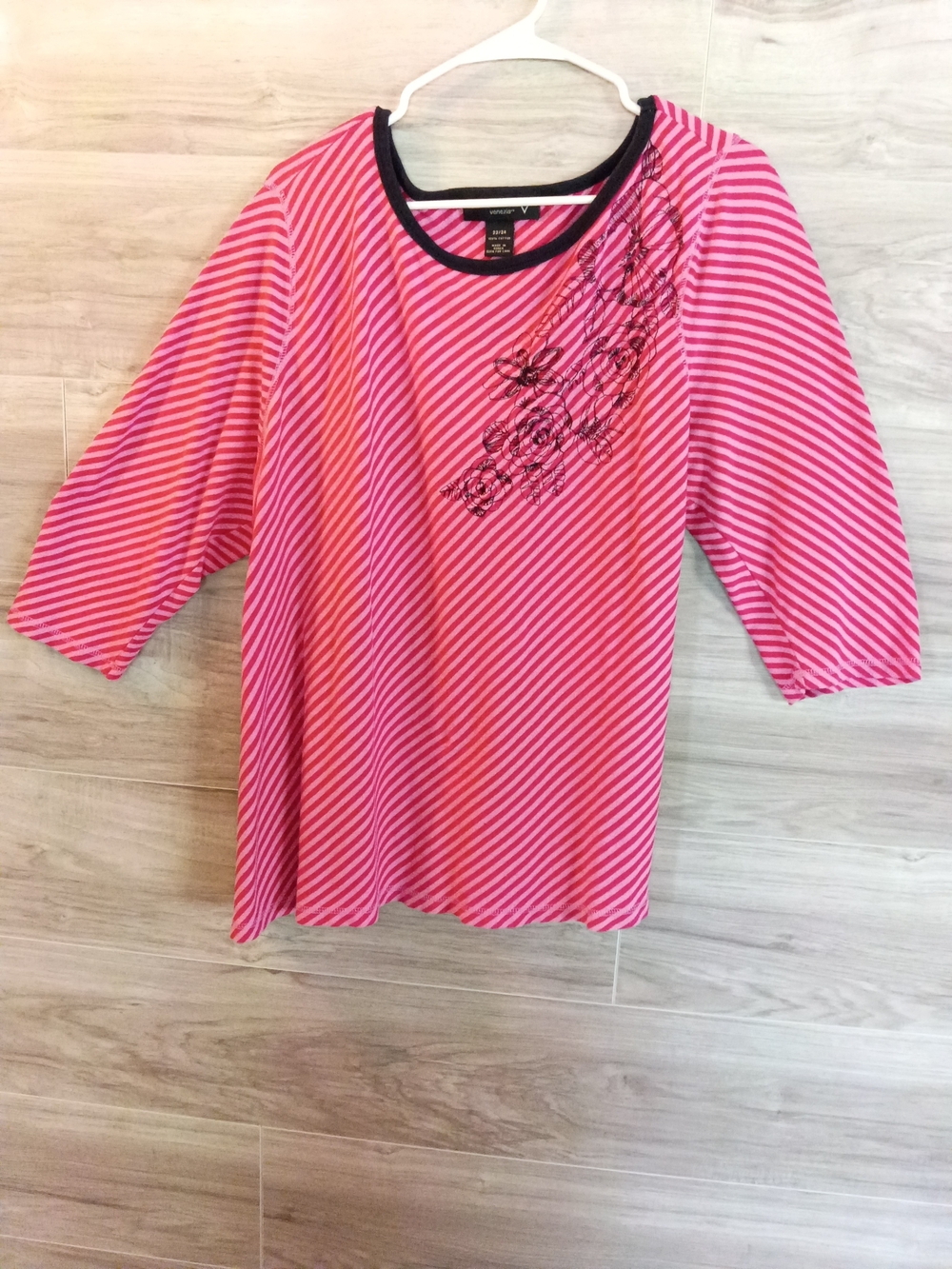 Venezia Pink Striped Scoop-Neck Long Sleeve Top with Black Floral Detail